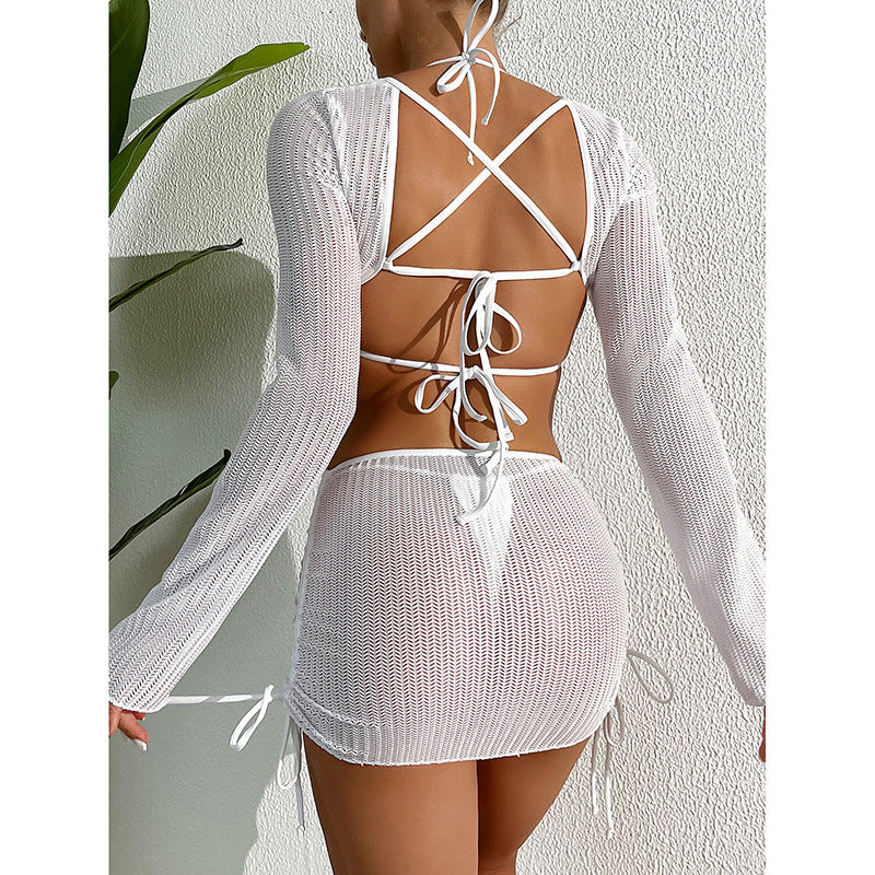 LADIES THREE PIECE MESH BIKINI BEACHWEAR SET WHITE / BLACK (SIZE S - L)