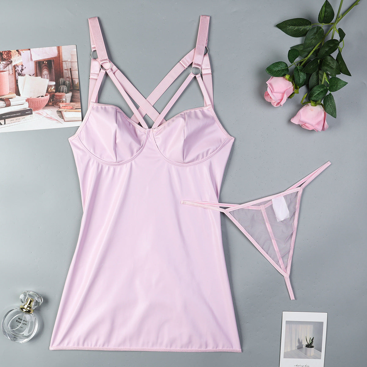 LADIES PU LEATHER LINGERIE DRESS PINK (SIZE S - XL)