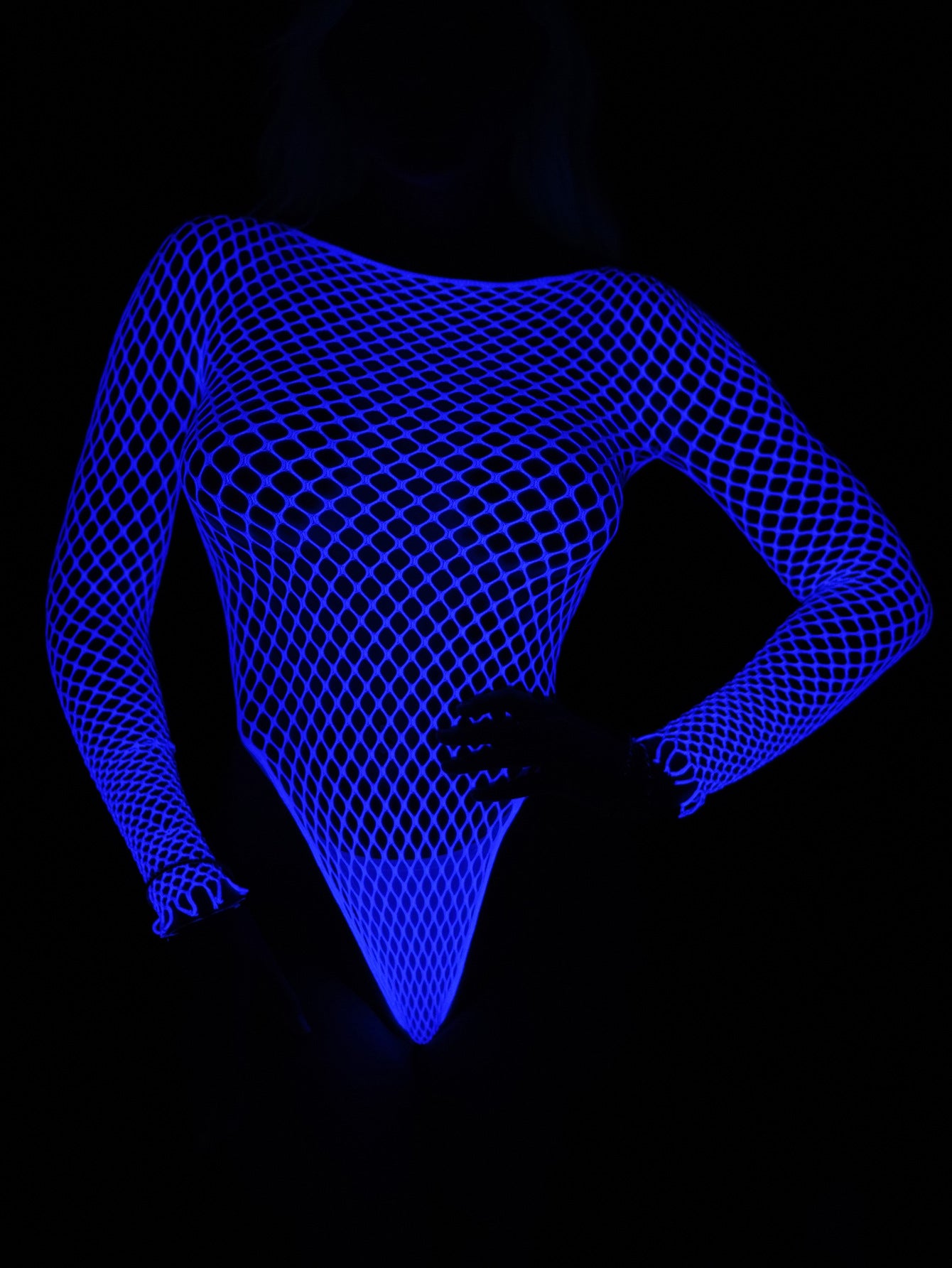 LADIES LONG SLEEVE LUMINOUS (GLOW IN DARK) FISHNET TEDDY LINGERIE WHITE (FREE SIZE)