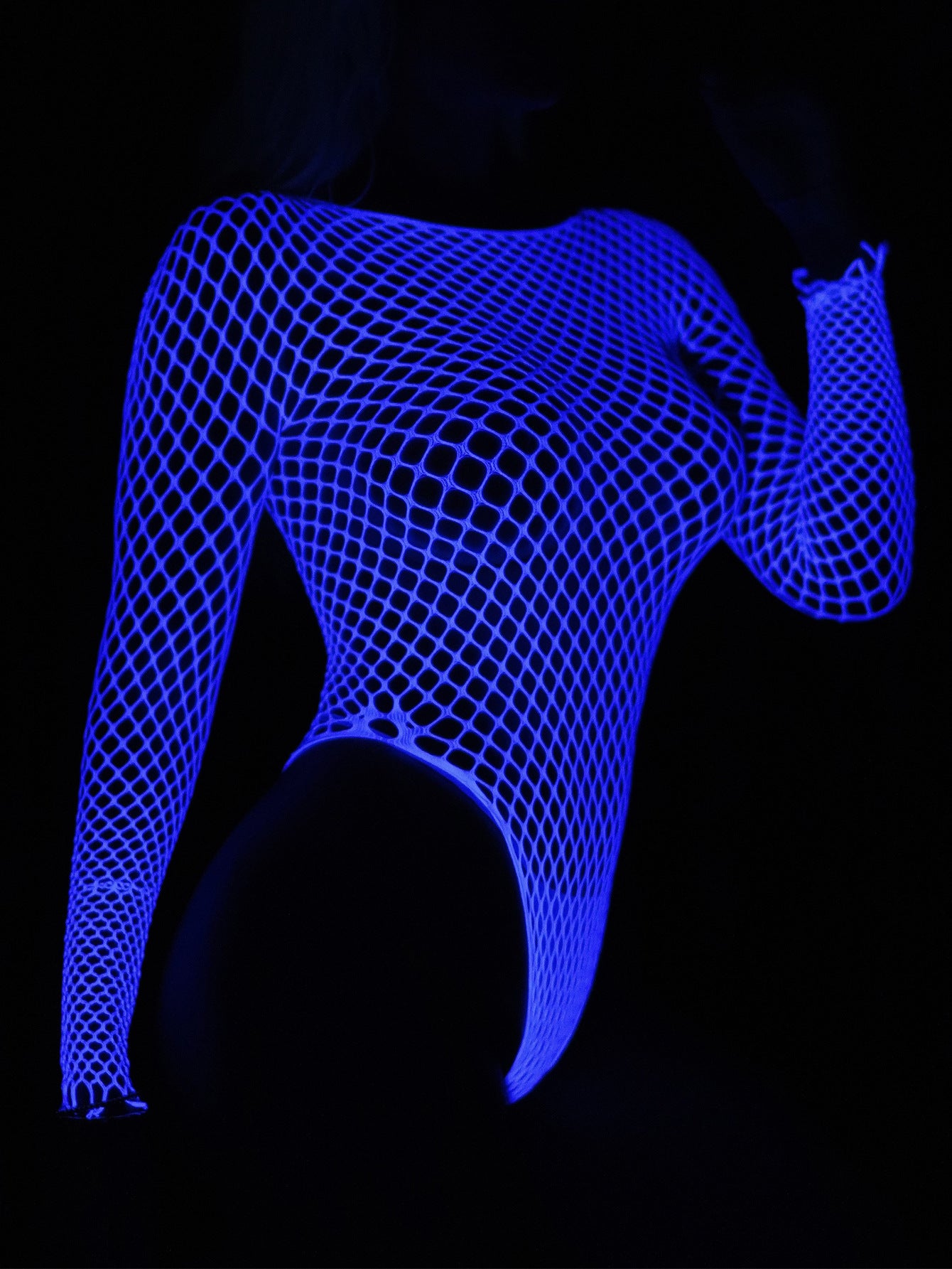 LADIES LONG SLEEVE LUMINOUS (GLOW IN DARK) FISHNET TEDDY LINGERIE WHITE (FREE SIZE)