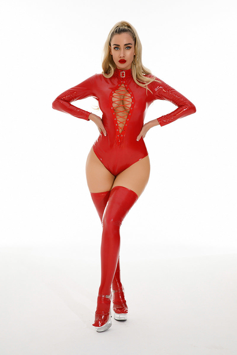 LADIES LONG SLEEVE PU LEATHER TEDDY LINGERIE BLACK / RED (SIZE S - 3XL)