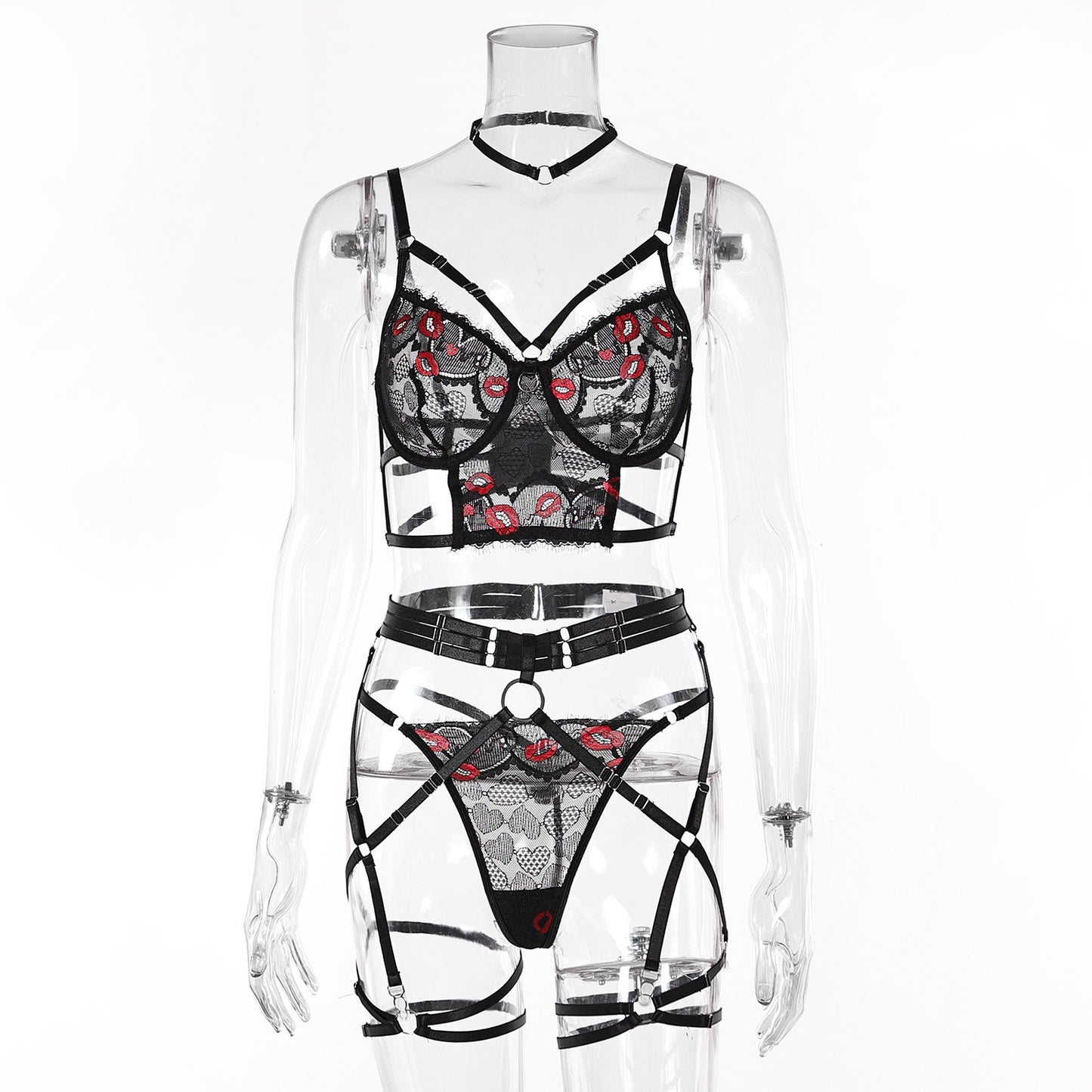 LADIES GARTER BRA & LINGERIE SET BLACK (SIZE S-L)