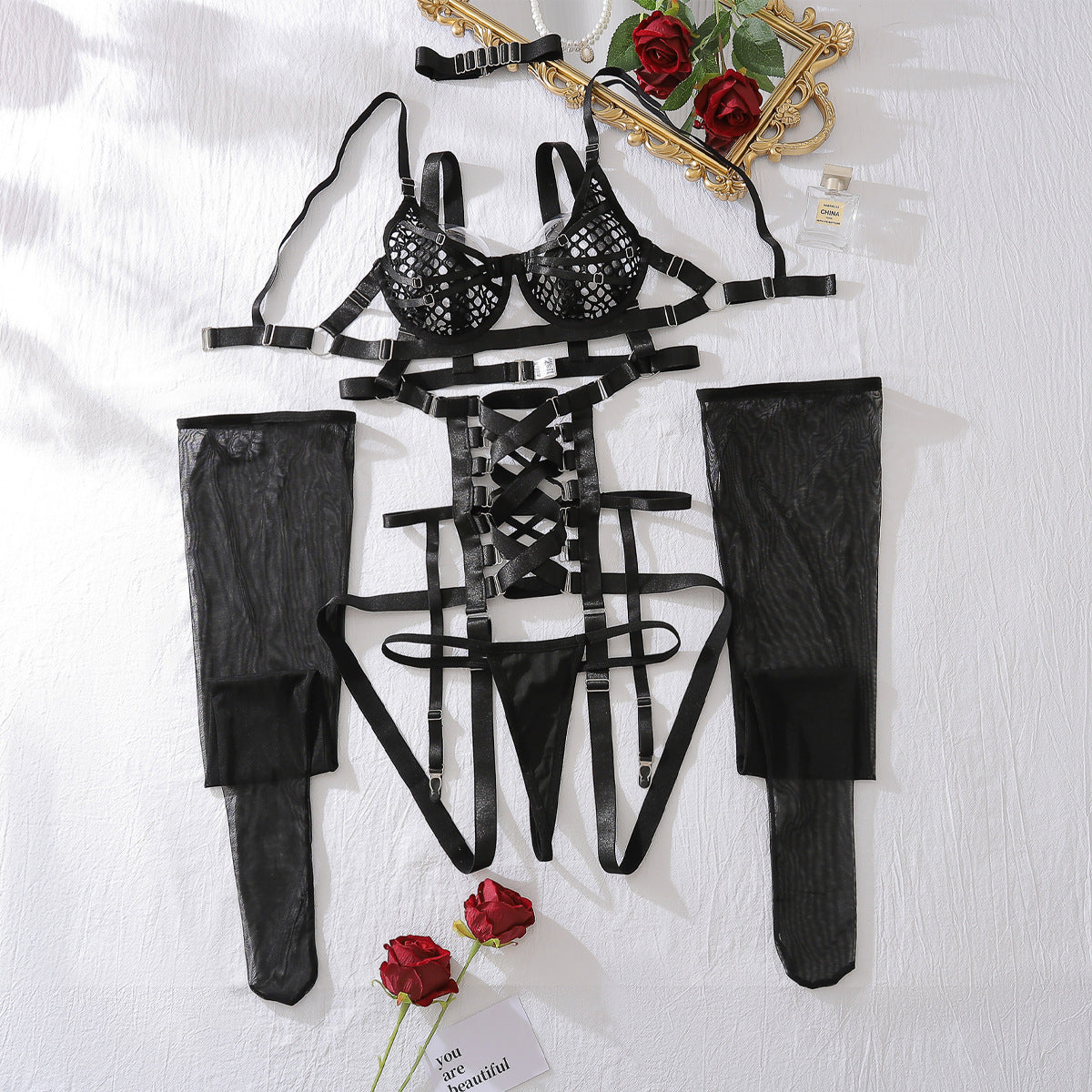 LADIES LACE UP BRA & LINGERIE SET BLACK (SIZE S - L)