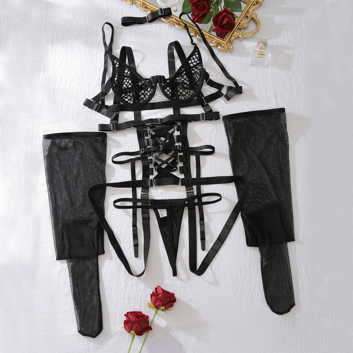 LADIES LACE UP BRA & LINGERIE SET BLACK (SIZE S - L)