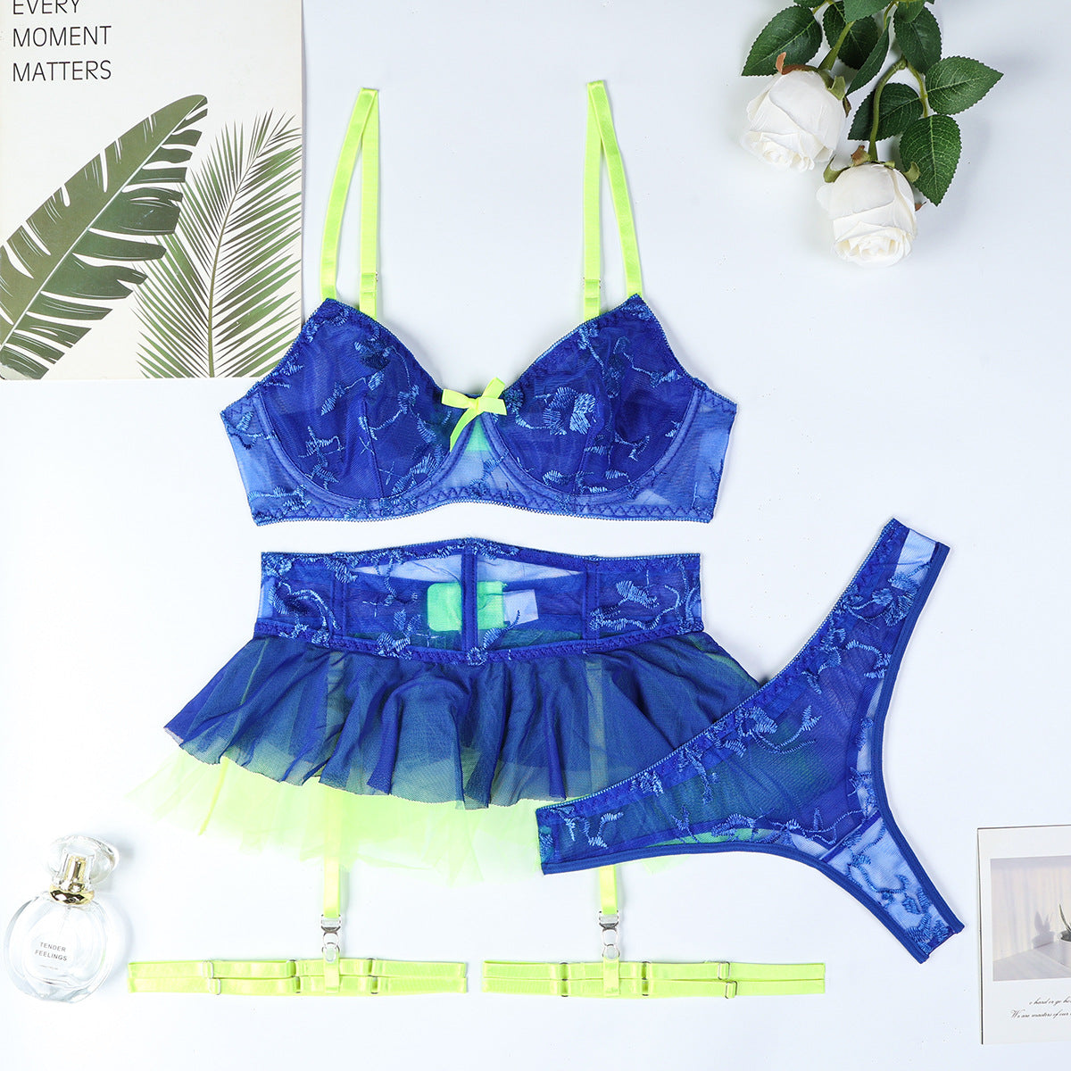 LADIES MESH BRA & SKIRT LINGERIE SET BLUE (SIZE S - XL)