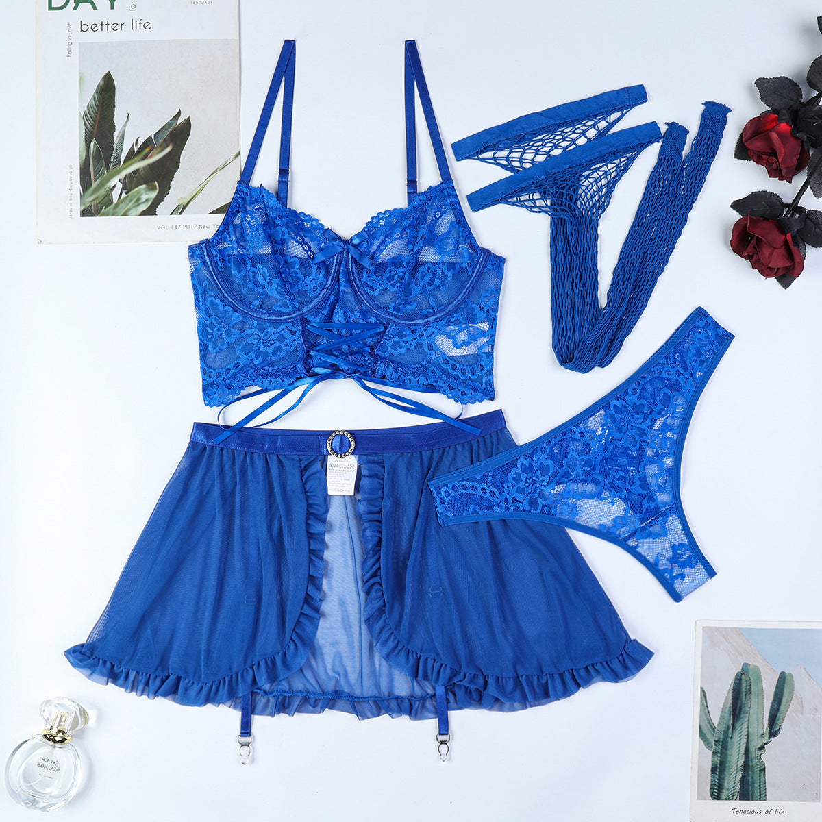 LADIES FOUR PIECE BRA & LINGERIE SET BLUE (SIZE S - XL)