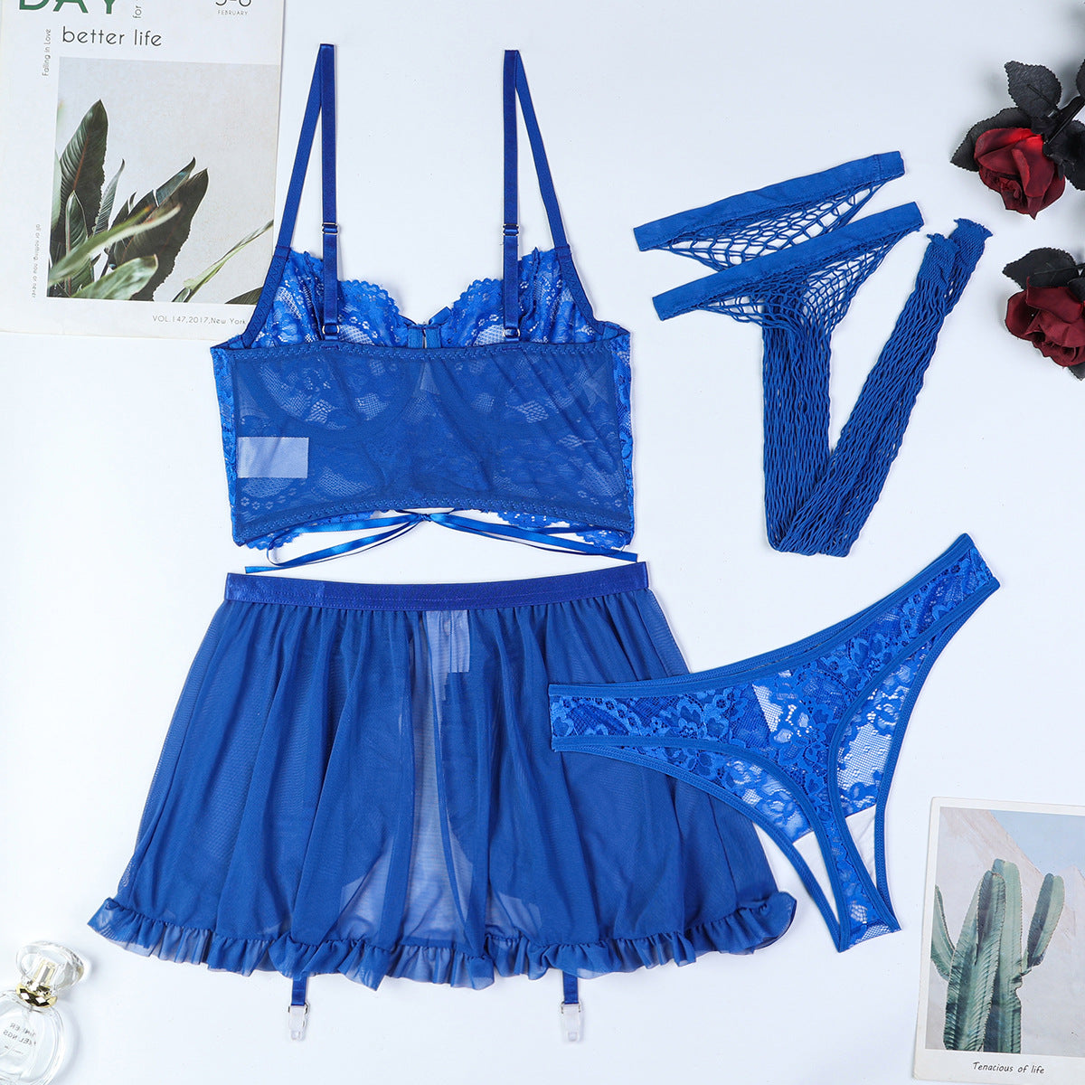 LADIES FOUR PIECE BRA & LINGERIE SET BLUE (SIZE S - XL)