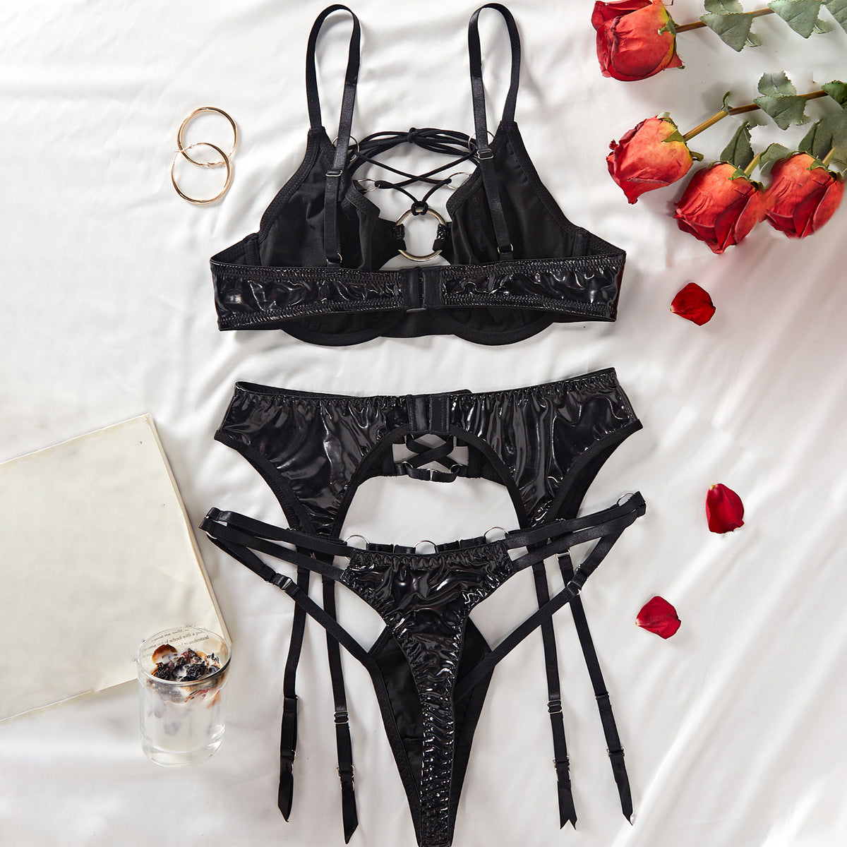 LADIES THREE PIECE BRA & LINGERIE SET BLACK (SIZE S - L)