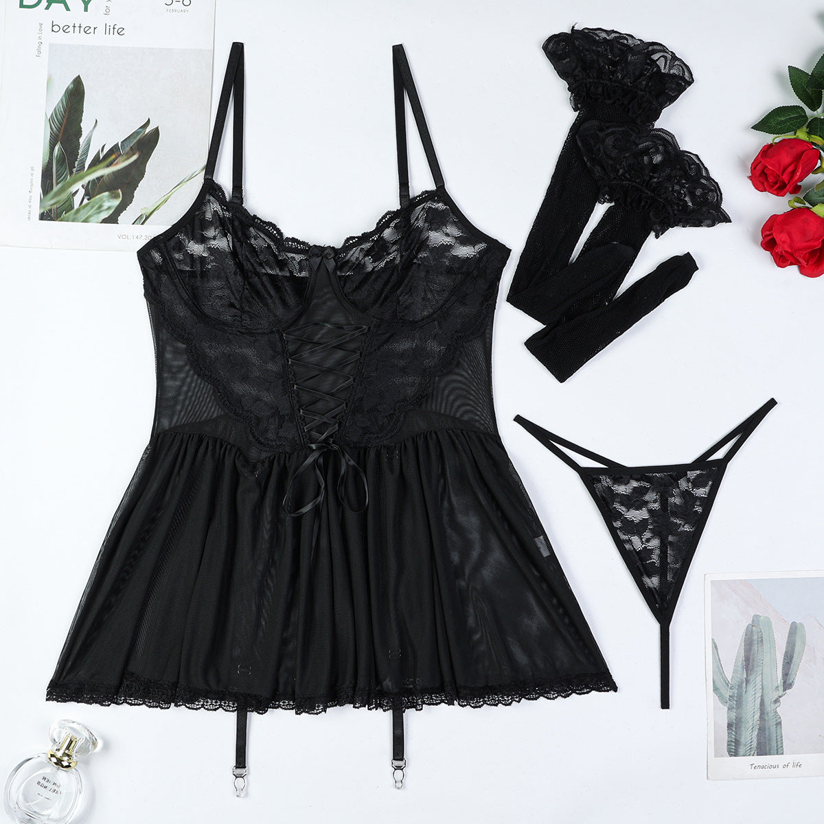 LADIES THREE PIECE LINGERIE SET WHITE (SIZE S - L)