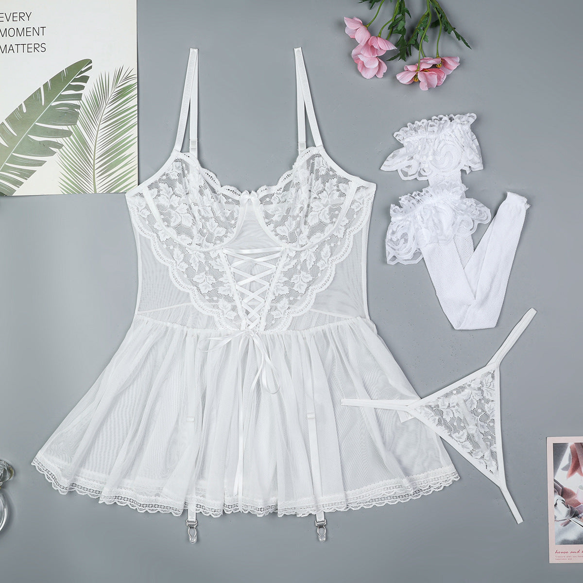 LADIES THREE PIECE LINGERIE SET WHITE (SIZE S - L)