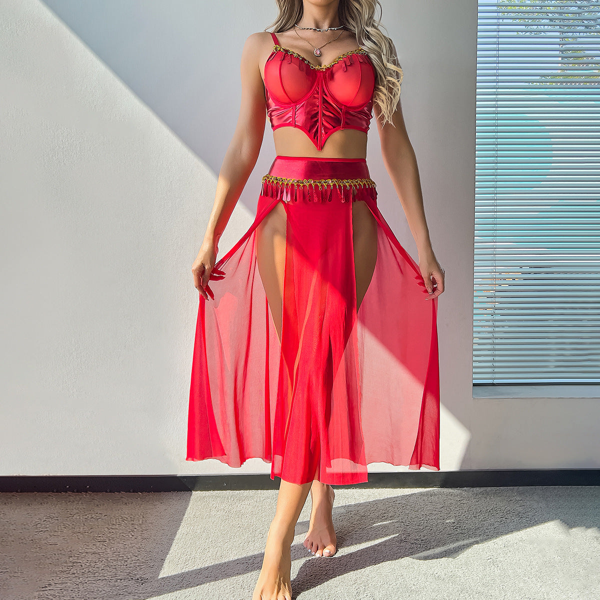 LADIES THREE PIECE BRA & SKIRT LINGERIE SET RED (SIZE S - XL)