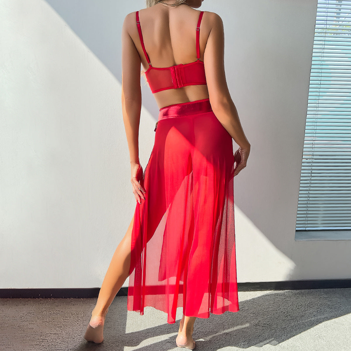 LADIES THREE PIECE BRA & SKIRT LINGERIE SET RED (SIZE S - XL)