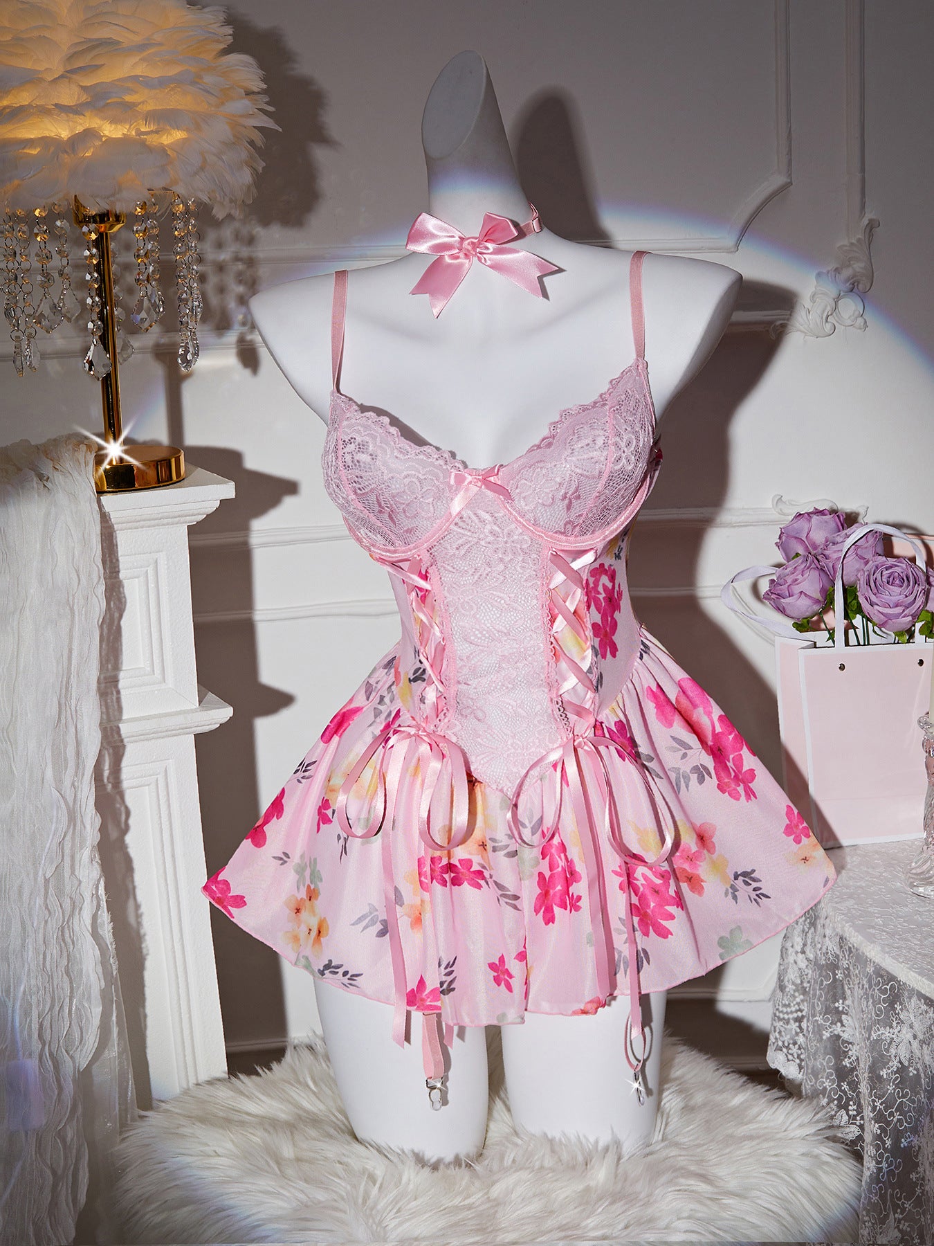 LADIES SEXY NIGHTWEAR LINGERIE SET PINK (SIZE S - XL)