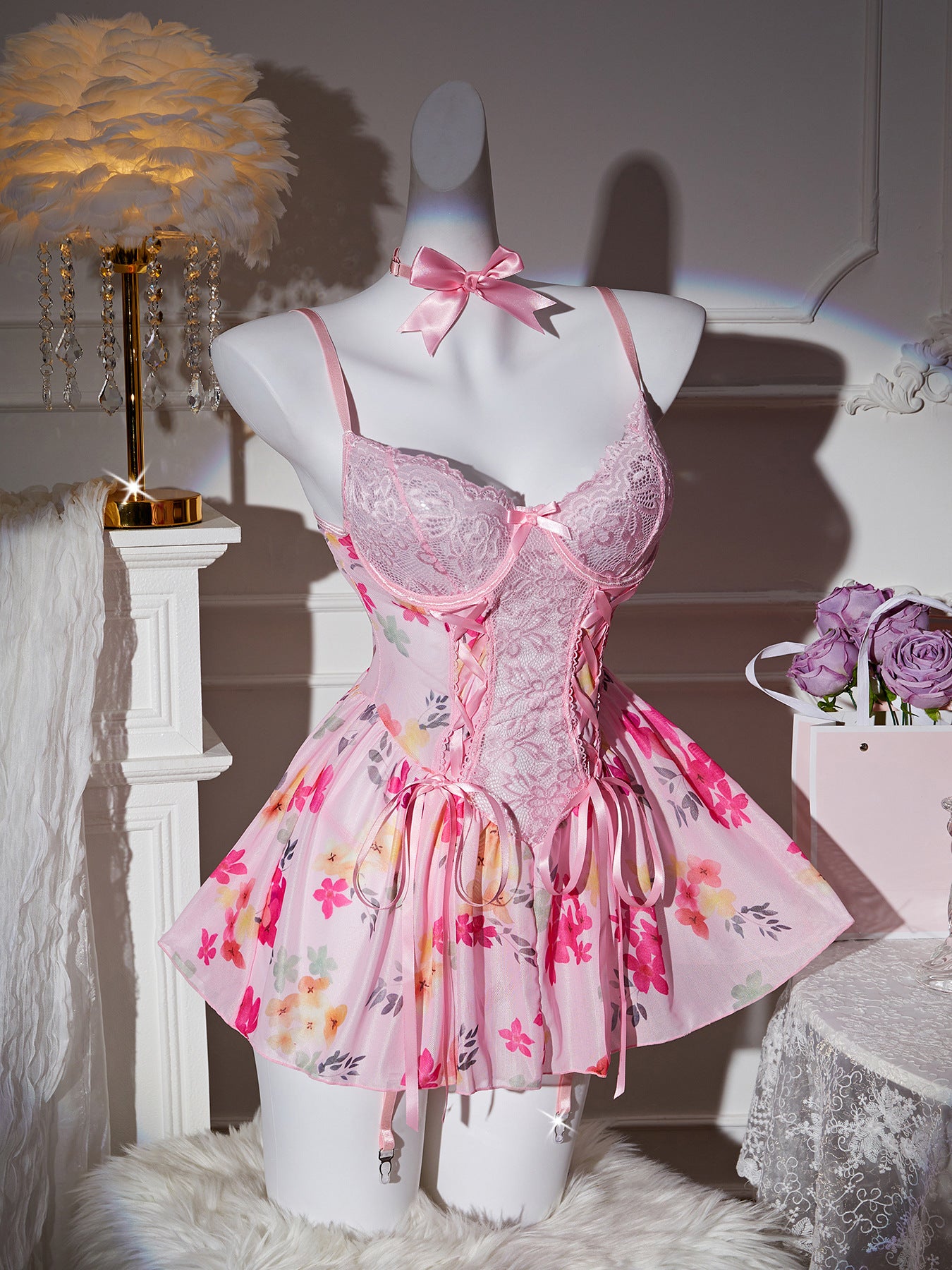 LADIES SEXY NIGHTWEAR LINGERIE SET PINK (SIZE S - XL)