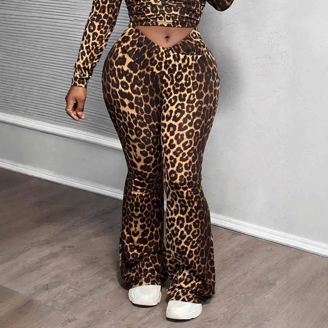 LADIES PLUS SIZE LEOPARD PRINT TWO PIECE PANTS & TOP SET (SIZE L - 4XL)