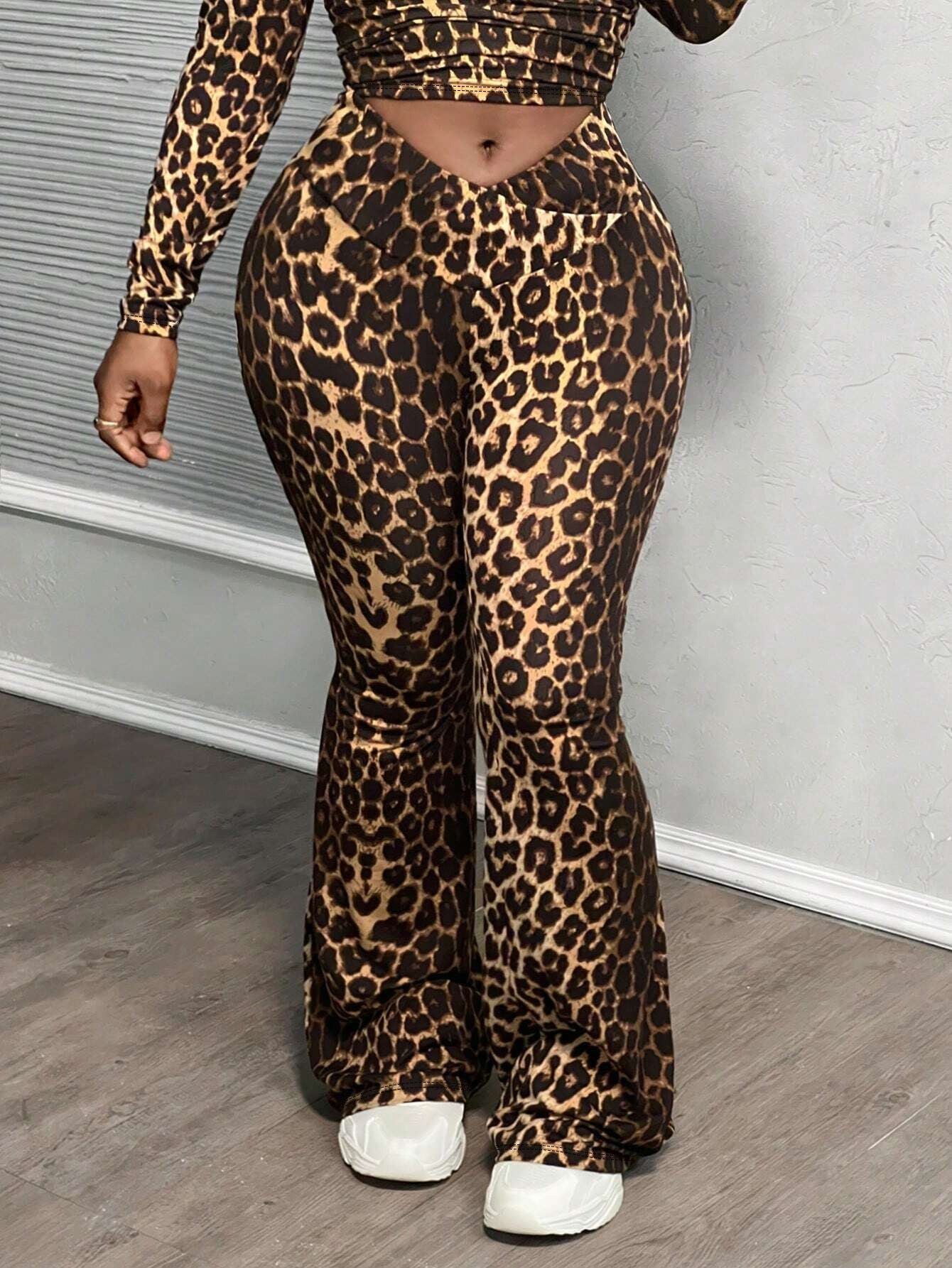 LADIES PLUS SIZE LEOPARD PRINT TWO PIECE PANTS & TOP SET (SIZE L - 4XL)