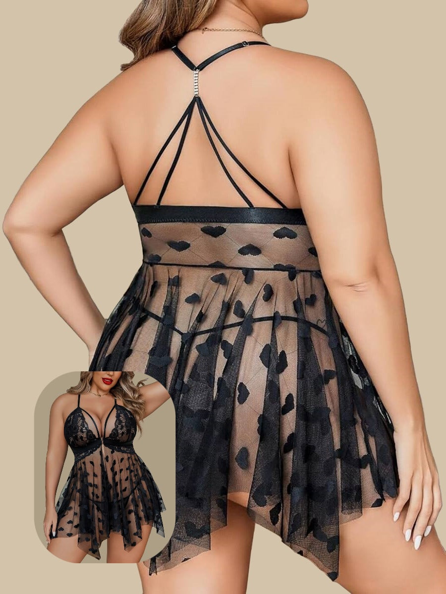 LADIES PLUS SIZE SEE THROUGH MESH NIGHTWEAR DRESS BLACK / RED (SIZE XL - 4XL)