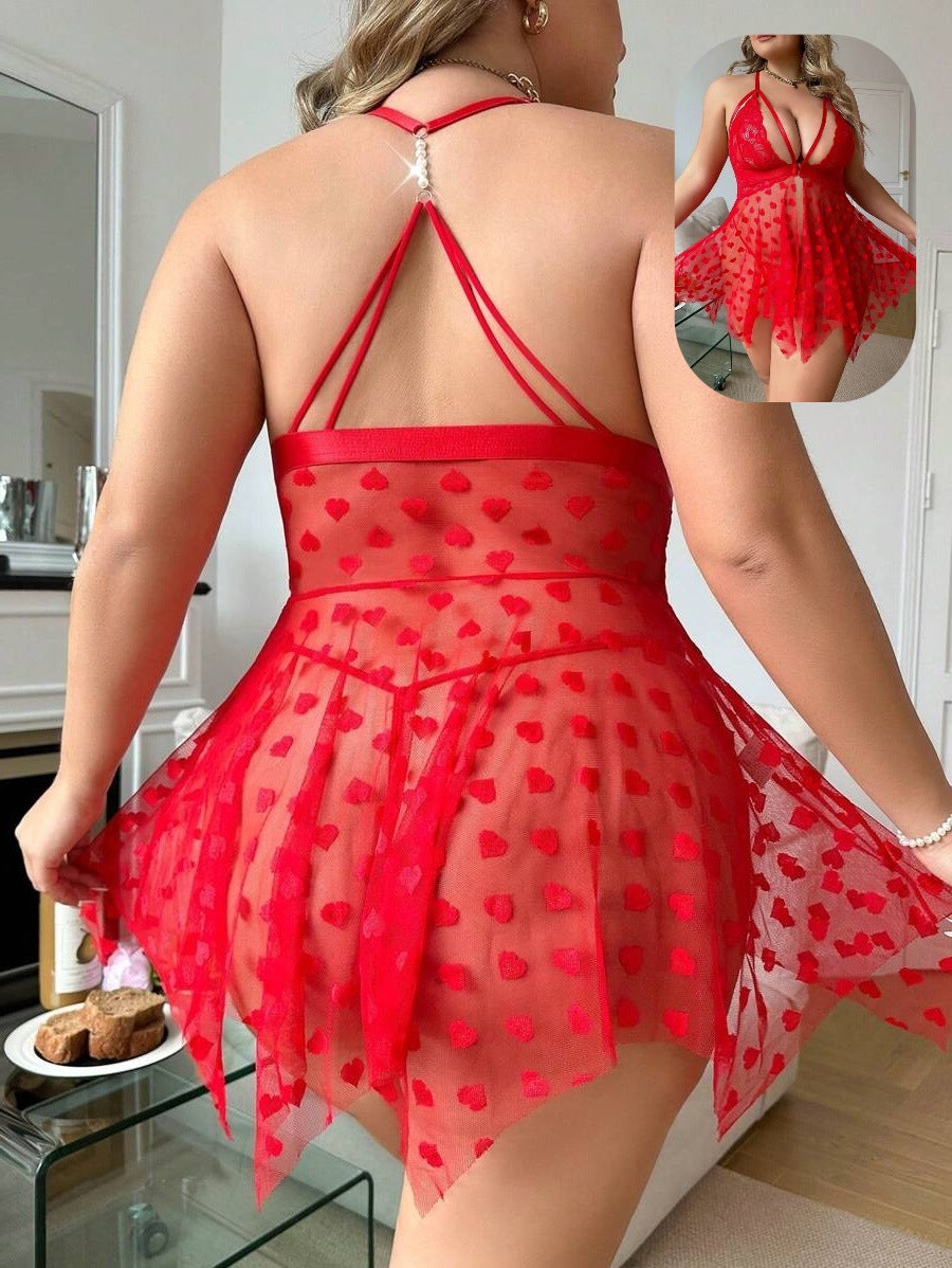 LADIES PLUS SIZE SEE THROUGH MESH NIGHTWEAR DRESS BLACK / RED (SIZE XL - 4XL)