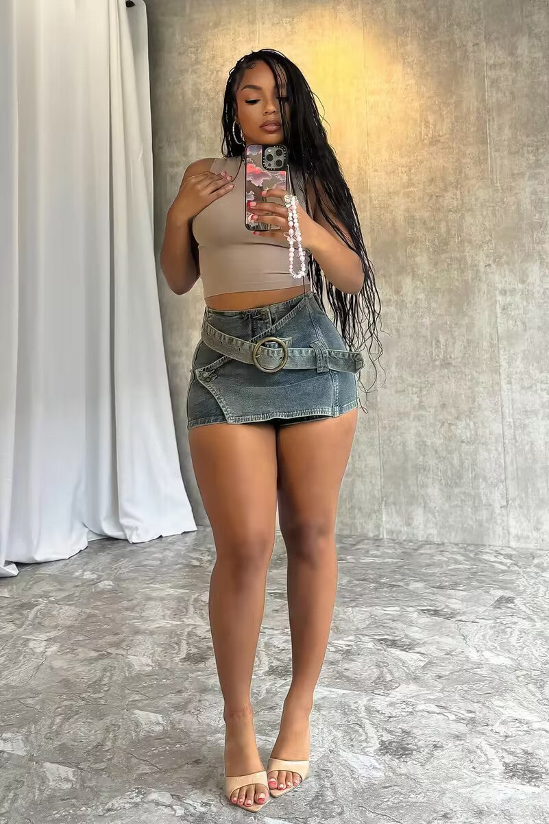 LADIES SHORT DENIM SHORTS SKIRT BLUE DENIM (SIZE S - XL)