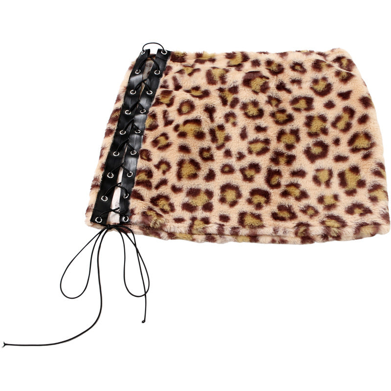 LADIES LACE UP MINI SKIRT LEOPARD (SIZE S - L)