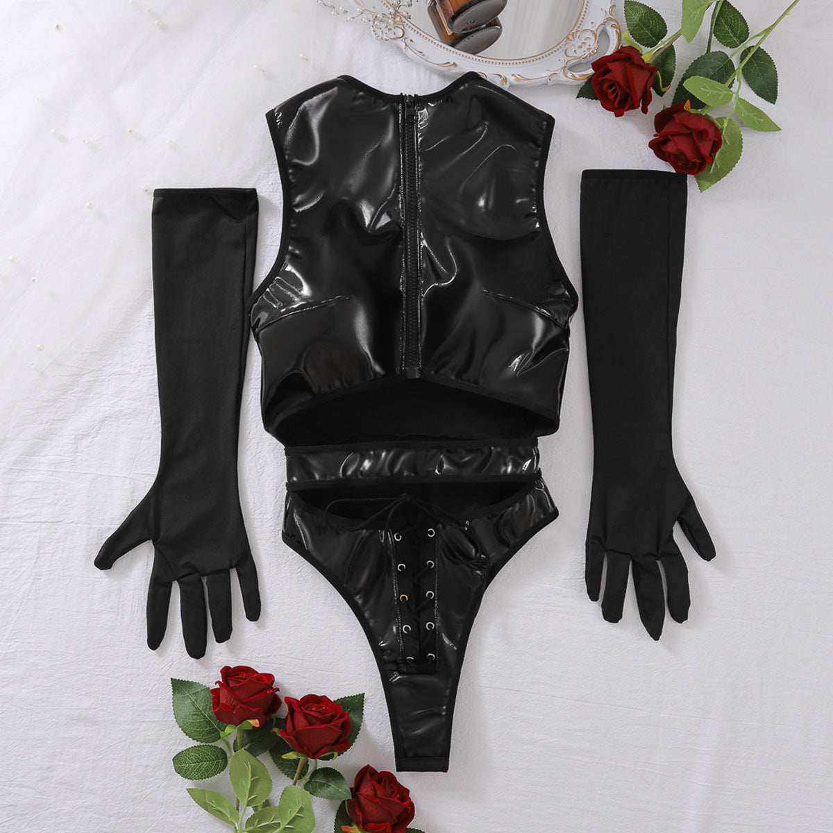 LADIES PU LEATHER BODYSUIT LINGERIE SET WITH GLOVES BLACK (SIZE S - L)