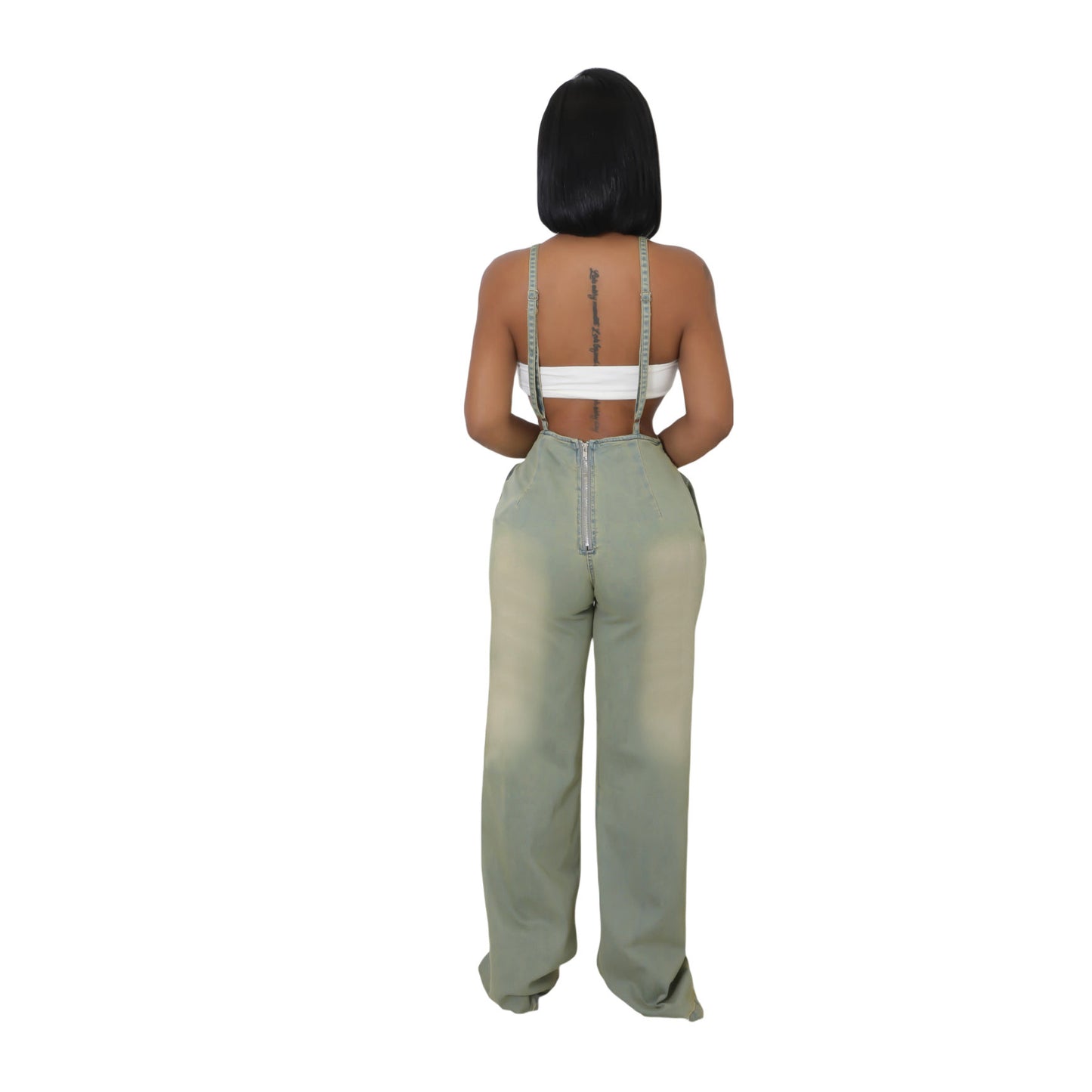 LADIES LONG DENIM JUMPSUIT LIGHT YELLOW-STAINED DENIM (SIZE S - 2XL)