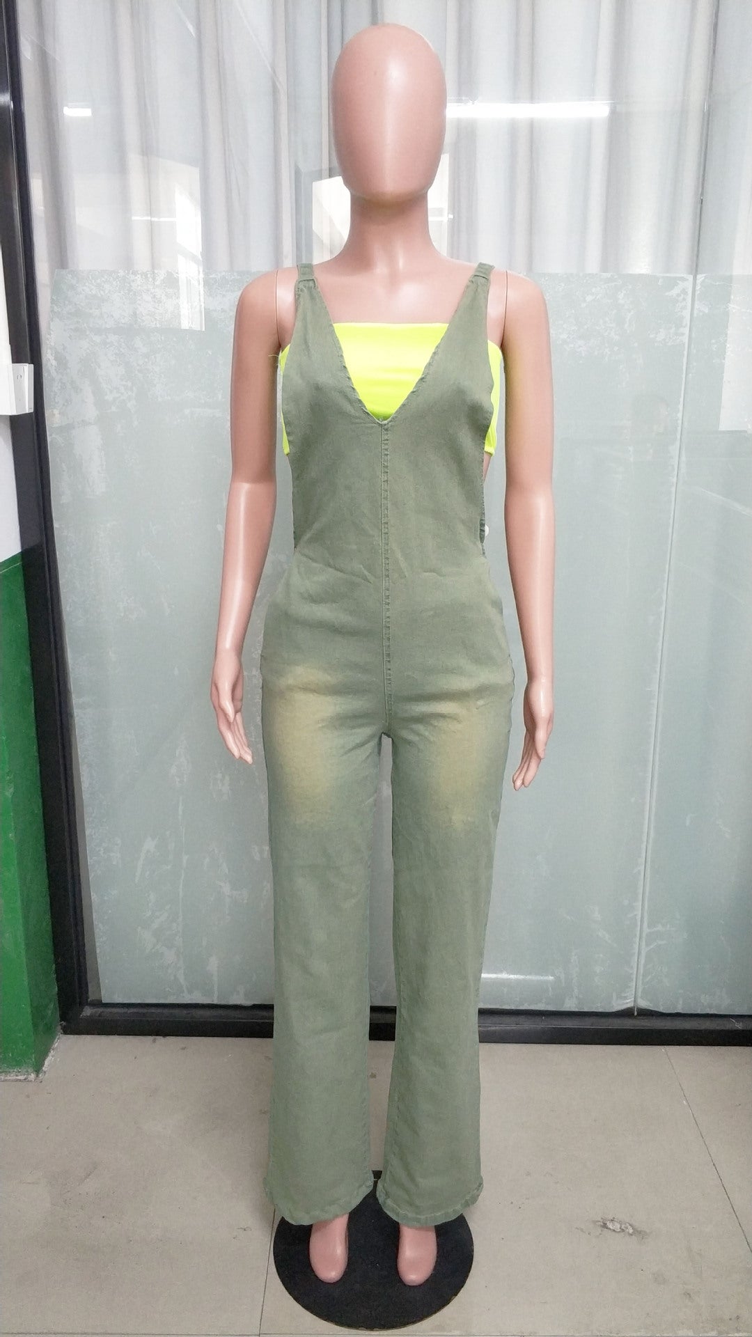 LADIES LONG DENIM JUMPSUIT LIGHT YELLOW-STAINED DENIM (SIZE S - 2XL)
