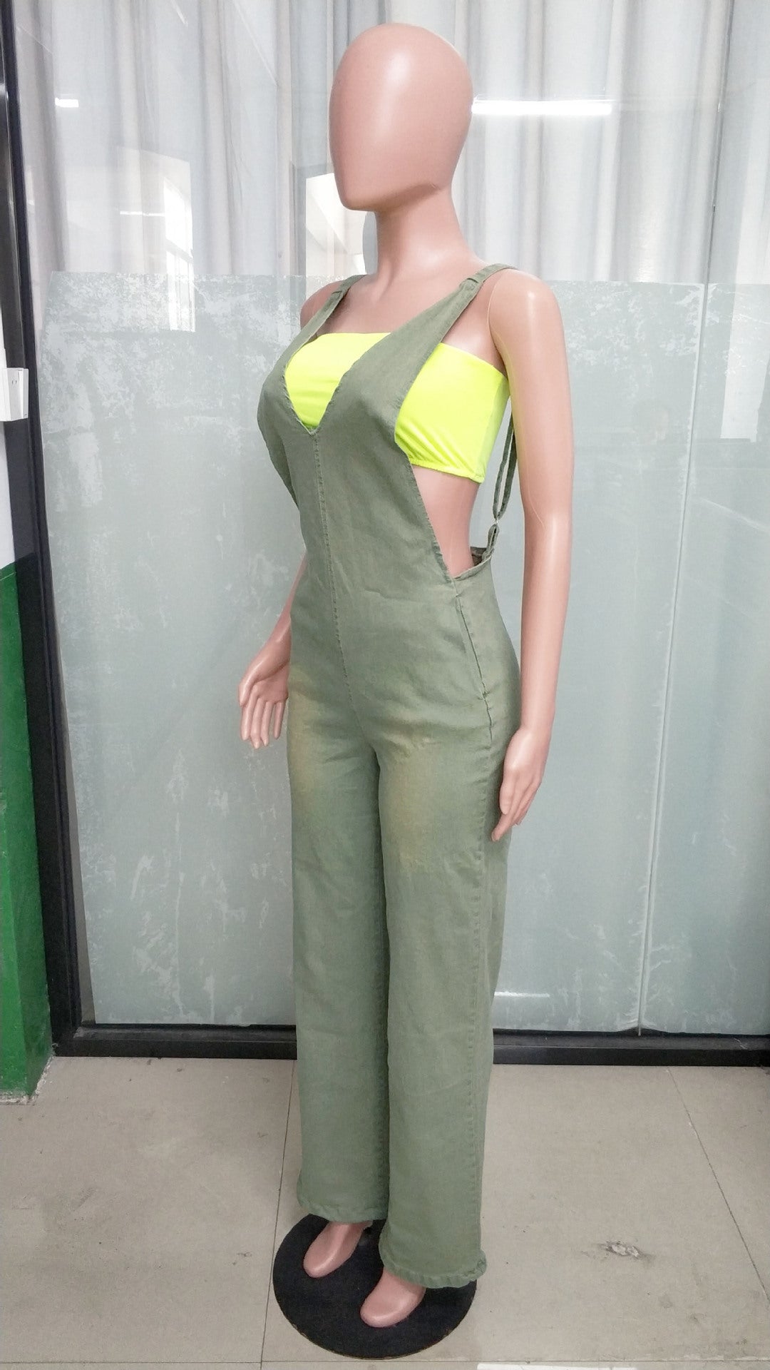LADIES LONG DENIM JUMPSUIT LIGHT YELLOW-STAINED DENIM (SIZE S - 2XL)