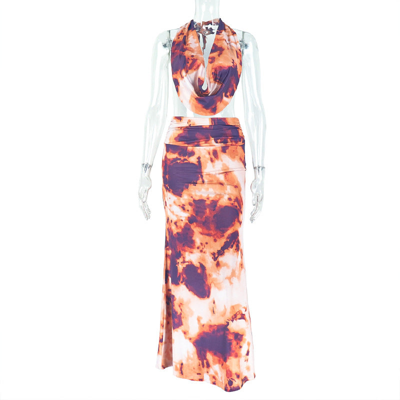 LADIES TWO PIECE SKIRT & TOP SET PINK-ORANGE MULTI COLOUR (SIZE S - L)