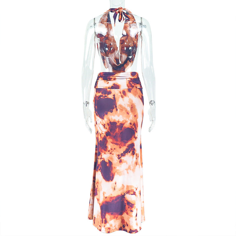 LADIES TWO PIECE SKIRT & TOP SET PINK-ORANGE MULTI COLOUR (SIZE S - L)