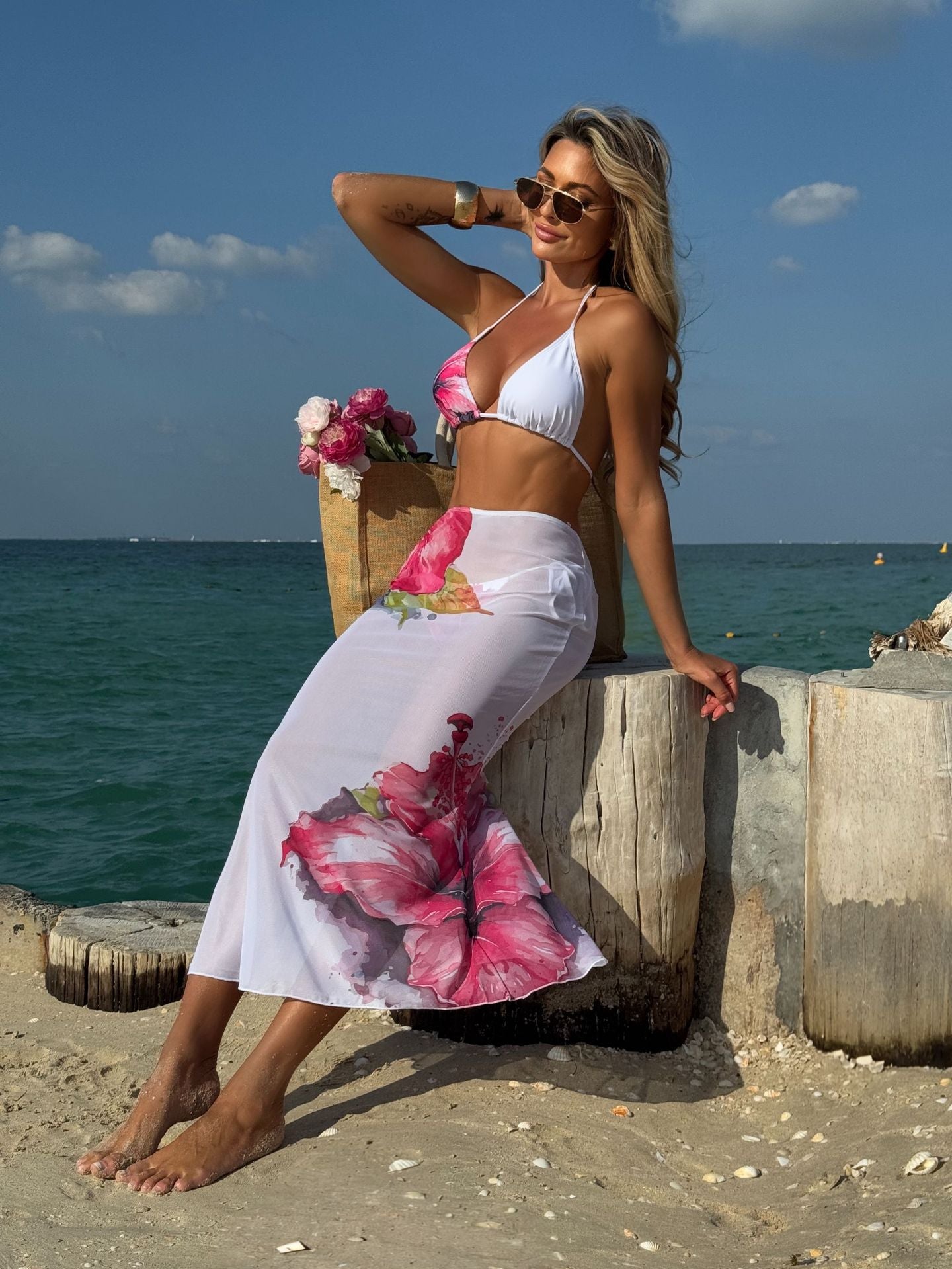 LADIES THREE PIECE BIKINI SWIMWEAR & SKIRT SET WHITE / BLACK (SIZE S - L)