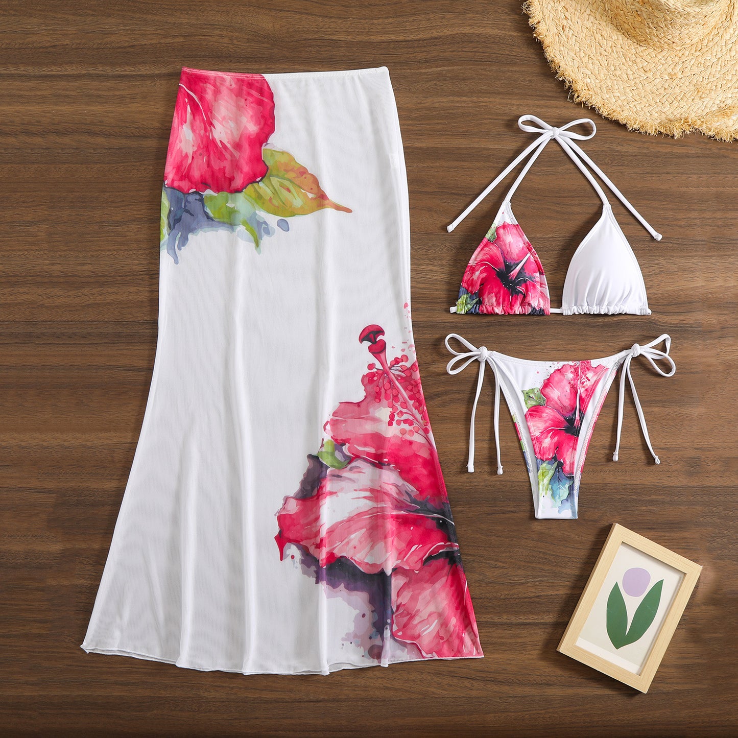 LADIES THREE PIECE BIKINI SWIMWEAR & SKIRT SET WHITE / BLACK (SIZE S - L)