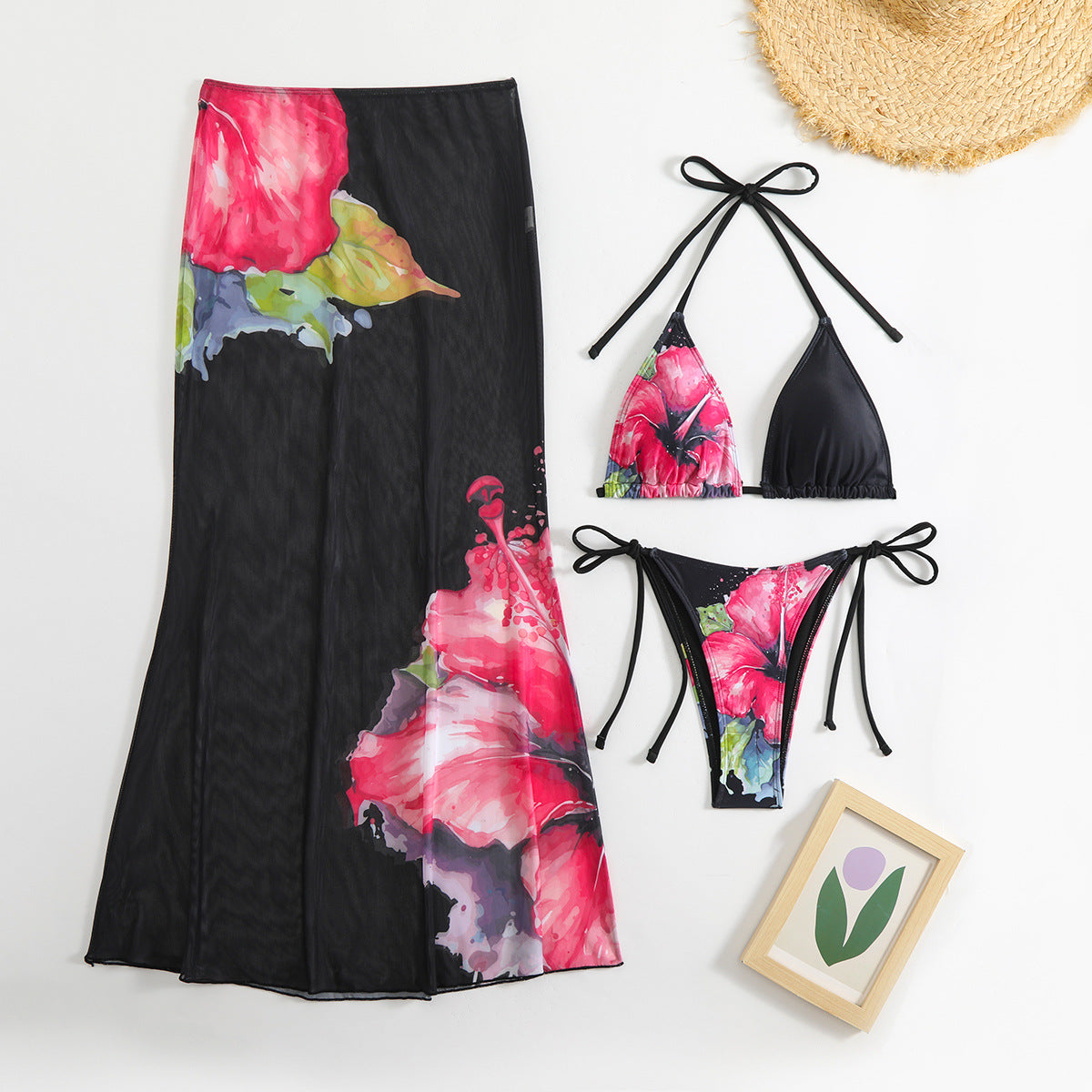 LADIES THREE PIECE BIKINI BEACHWEAR SWIMWEAR & SKIRT SET BLACK / WHITE (SIZE S - L)