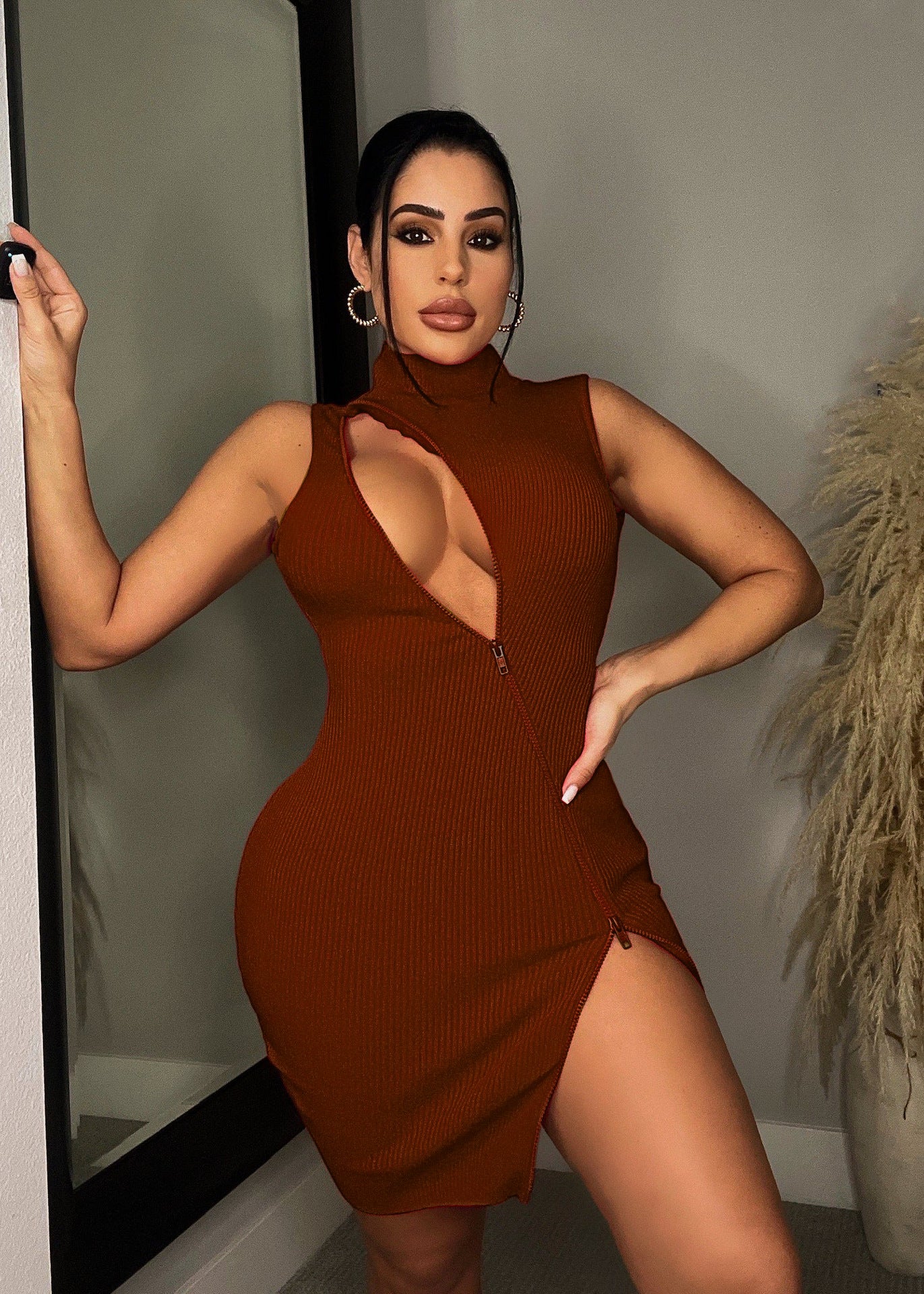 LADIES CUT OUT MINI DRESS BROWN / BLACK / APRICOT-BEIGE (SIZE S - 2XL)