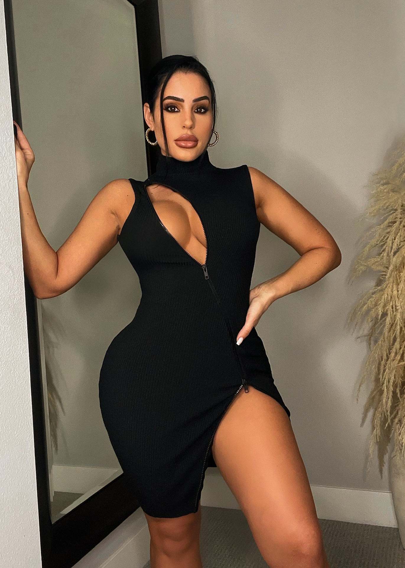 LADIES CUT OUT MINI DRESS BROWN / BLACK / APRICOT-BEIGE (SIZE S - 2XL)
