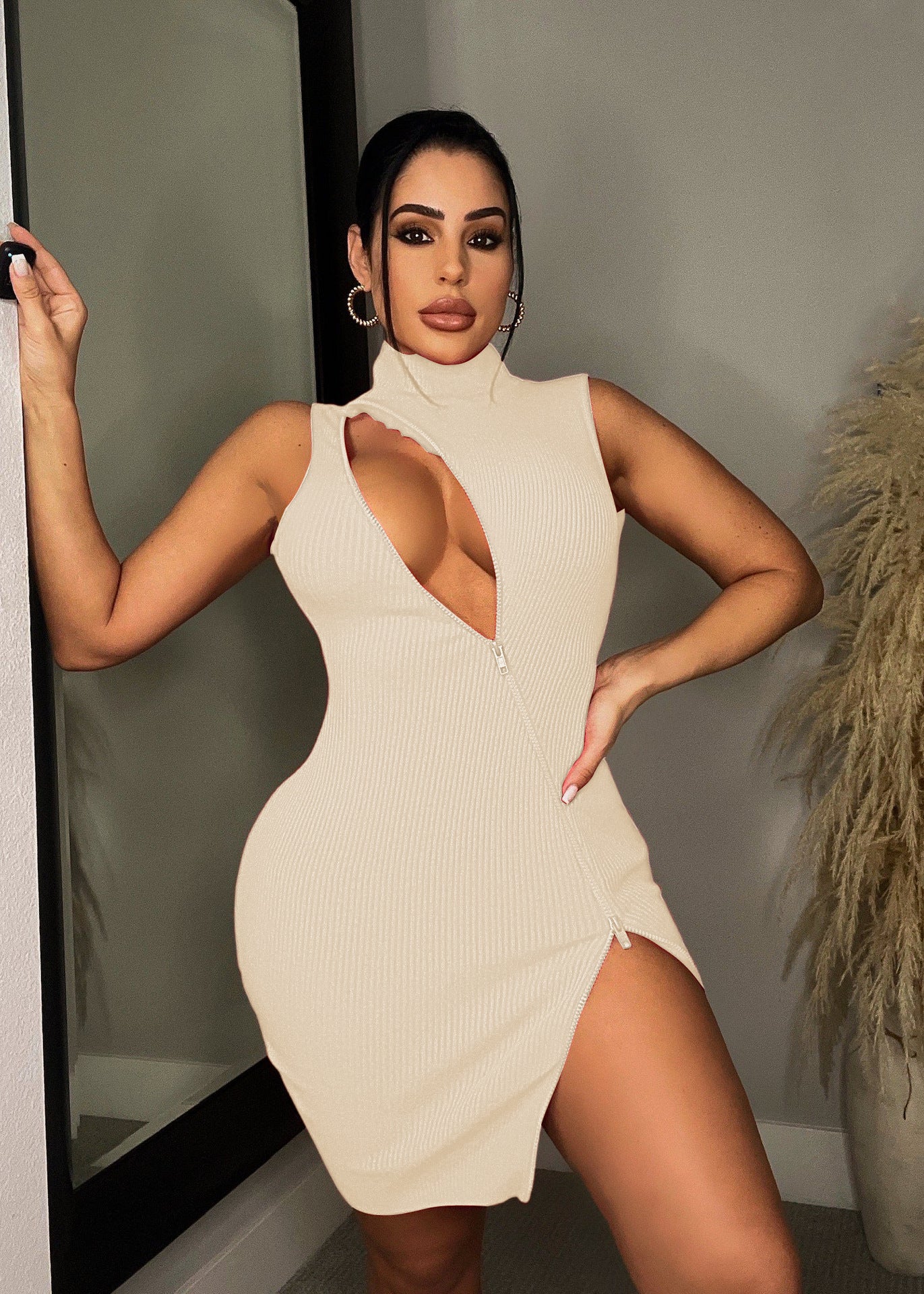 LADIES CUT OUT MINI DRESS BROWN / BLACK / APRICOT-BEIGE (SIZE S - 2XL)