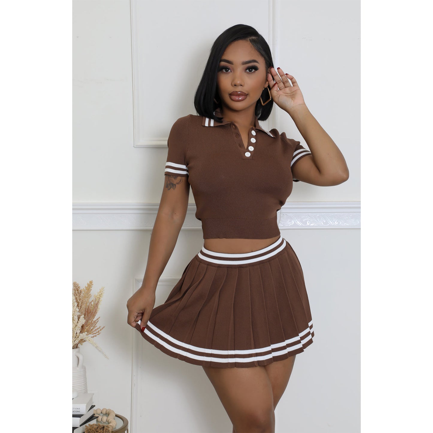 LADIES TWO PIECE SKIRT & TOP SET KHAKI / BROWN / WINE RED / BLACK (SIZE S - L)