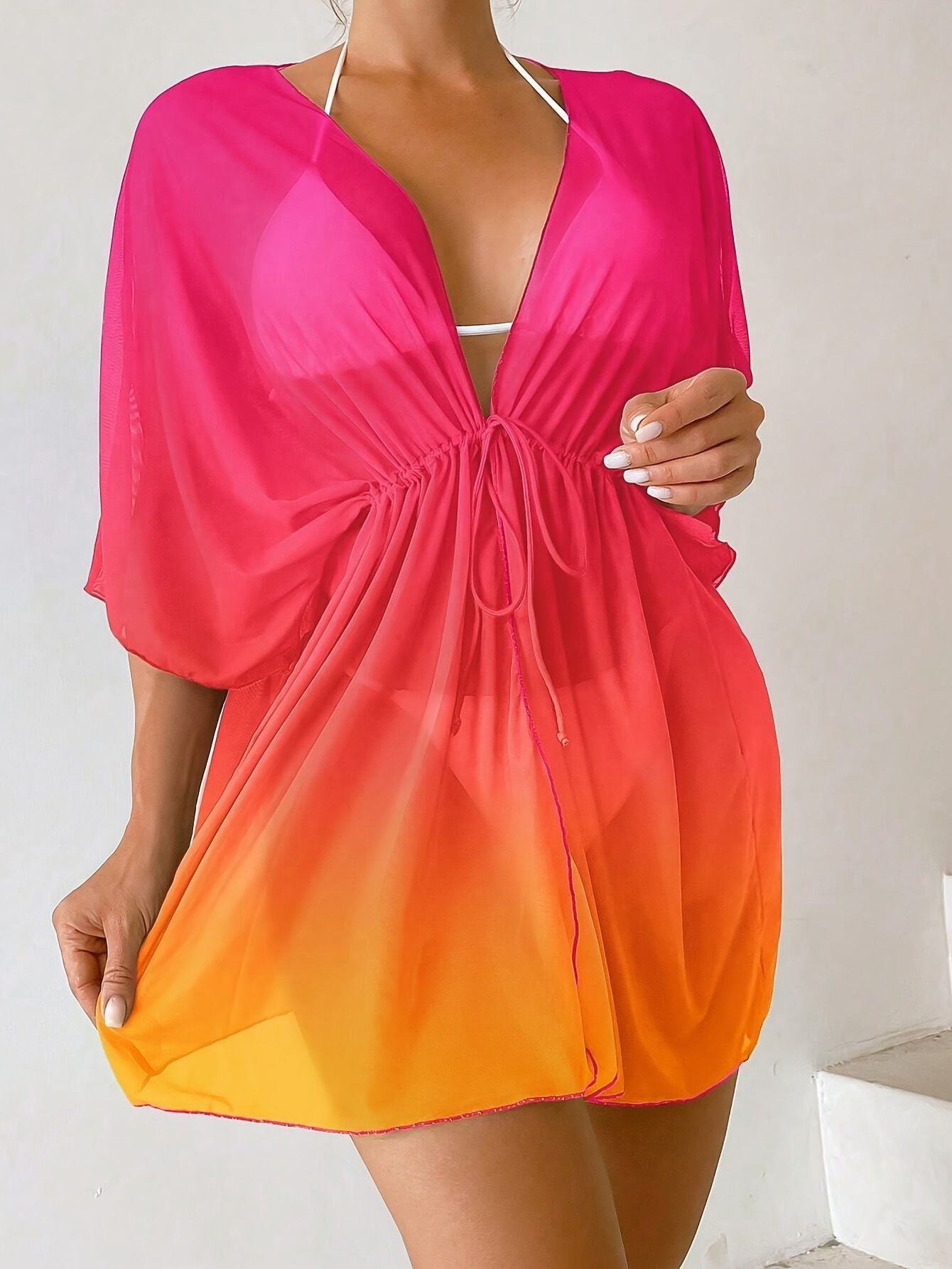 LADIES BEACHWEAR SWIMWEAR COVER UP / ROBE PINK-ORANGE (SIZE S - XL)