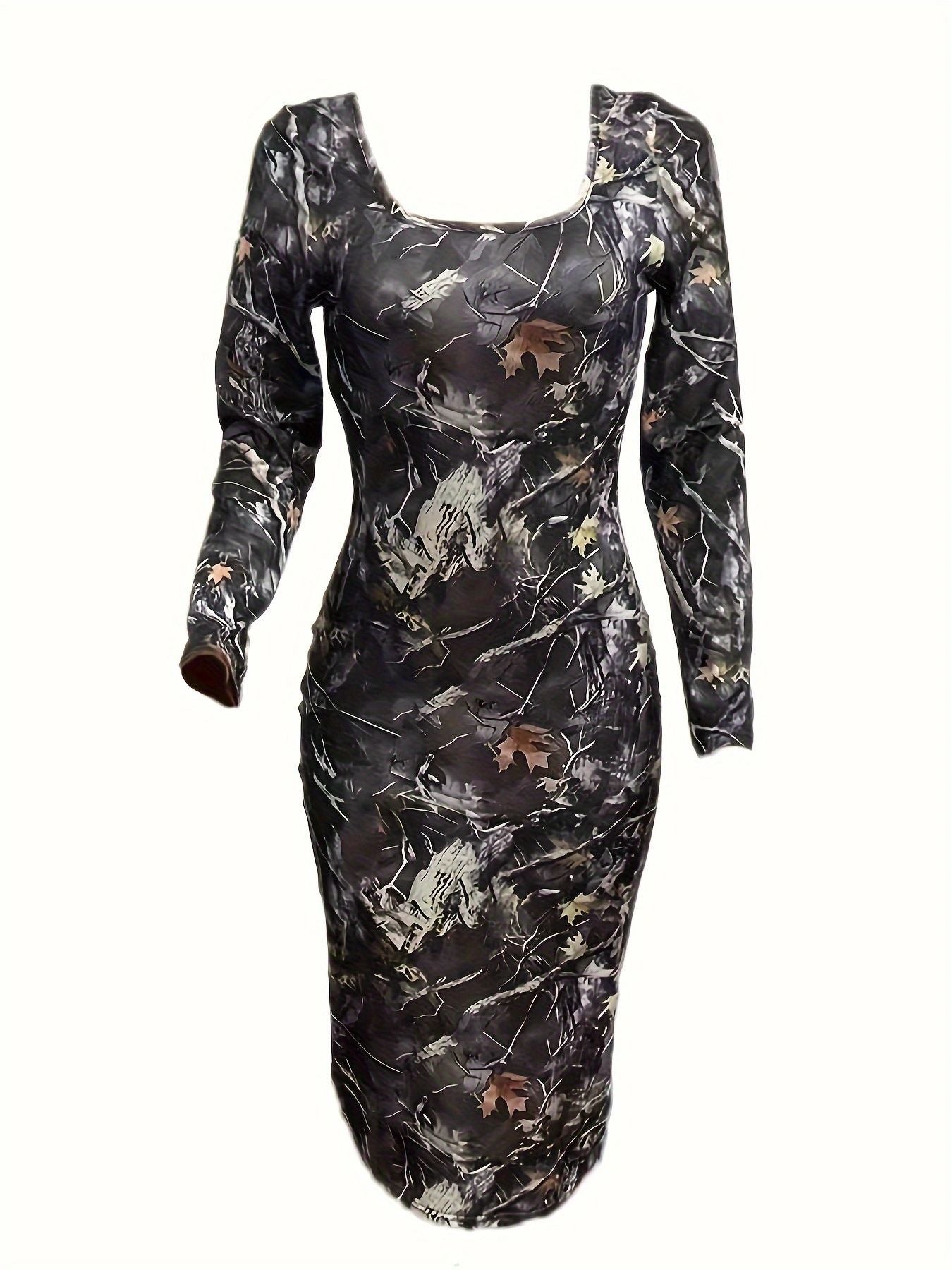 LADIES LONG SLEEVE MIDI BODYCON DRESS BLACK-MULTI COLOUR (SIZE S - 2XL)