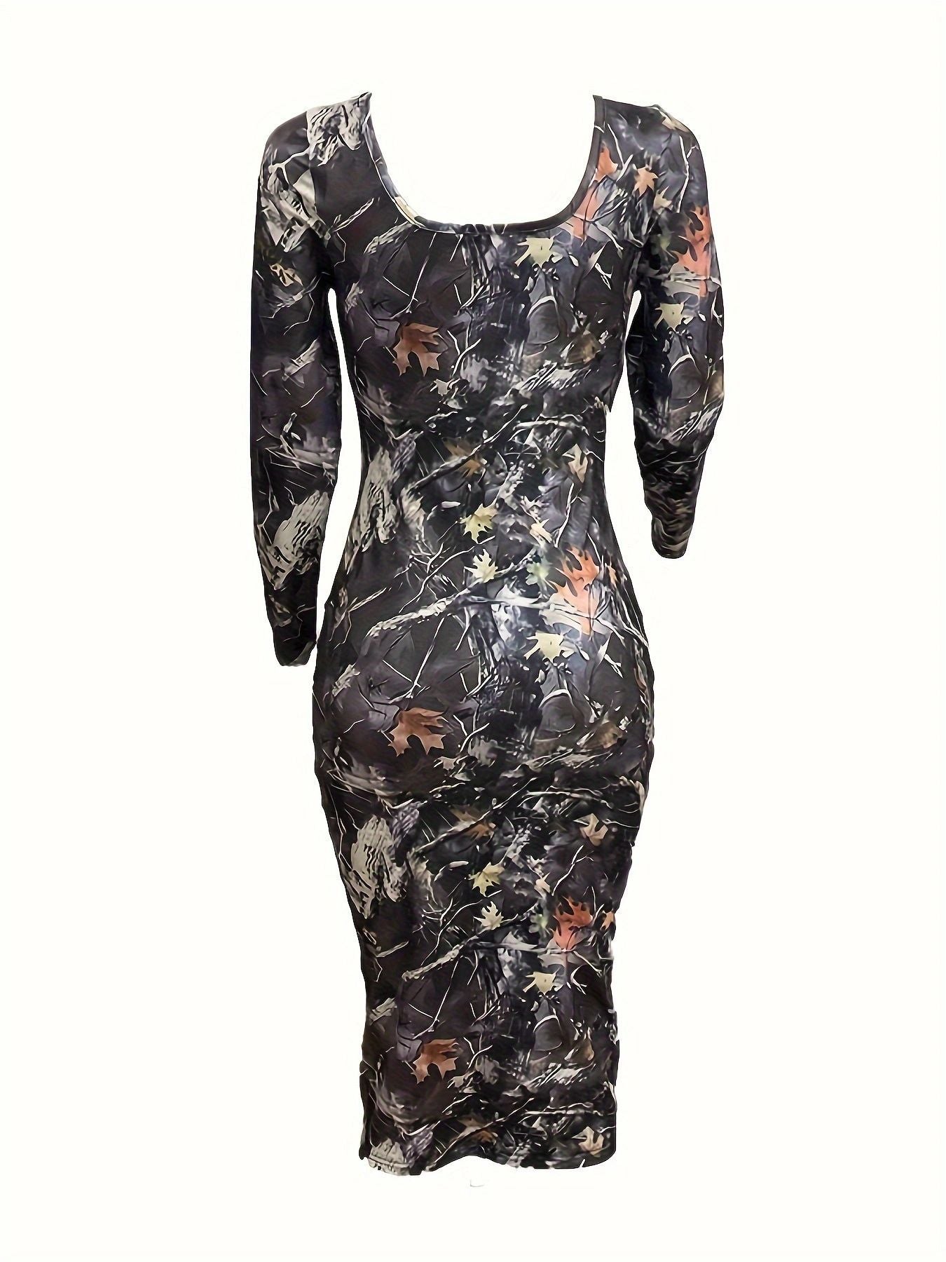 LADIES LONG SLEEVE MIDI BODYCON DRESS BLACK-MULTI COLOUR (SIZE S - 2XL)