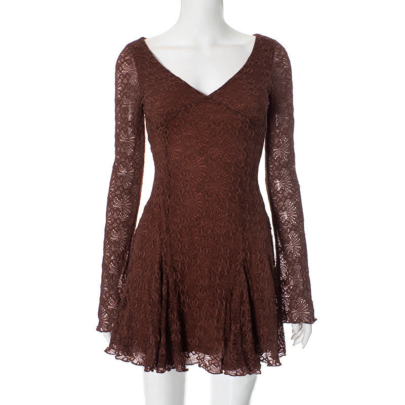 LADIES LONG SLEEVE LACE MINI DRESS BROWN (SIZE S - L)
