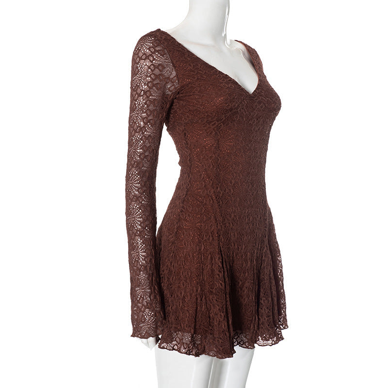 LADIES LONG SLEEVE LACE MINI DRESS BROWN (SIZE S - L)