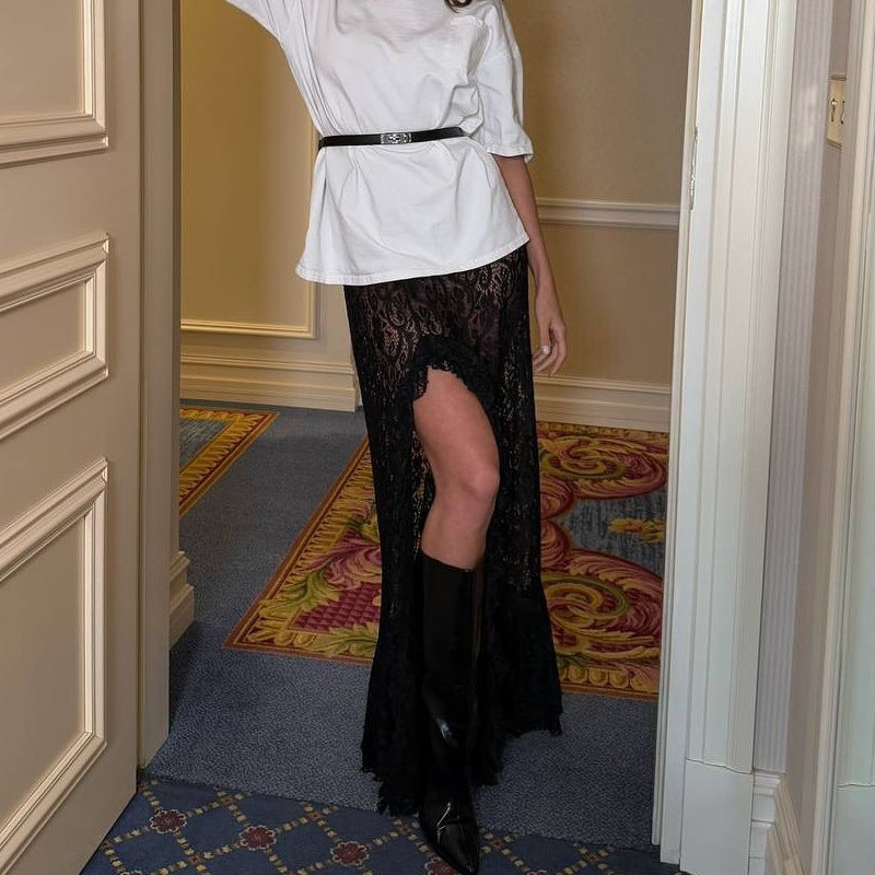 LADIES LONG LACE SKIRT WITH SLIT BLACK / WHITE (SIZE S - XL)