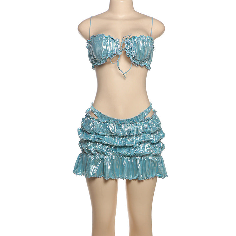 LADIES THREE PIECE BEACHWEAR SKIRT SET BLUE / BLACK (SIZE S - L)