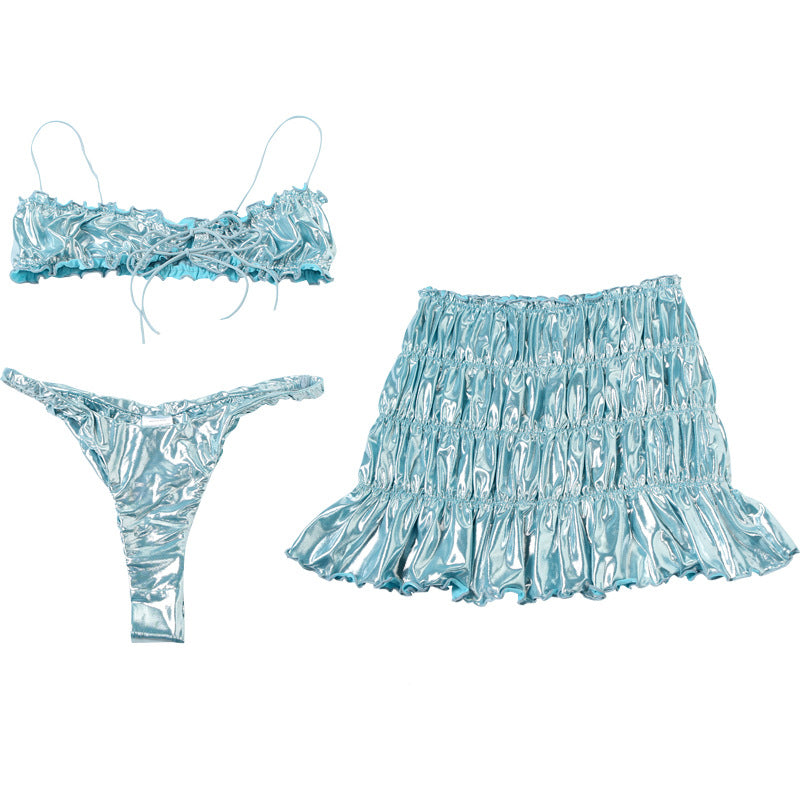 LADIES THREE PIECE BEACHWEAR SKIRT SET BLUE / BLACK (SIZE S - L)