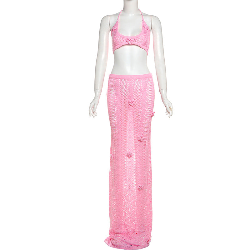 LADIES TWO PIECE BEACHWEAR & SKIRT SET PINK (SIZE S - L)