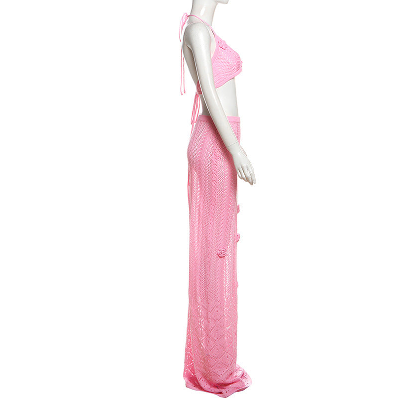 LADIES TWO PIECE BEACHWEAR & SKIRT SET PINK (SIZE S - L)