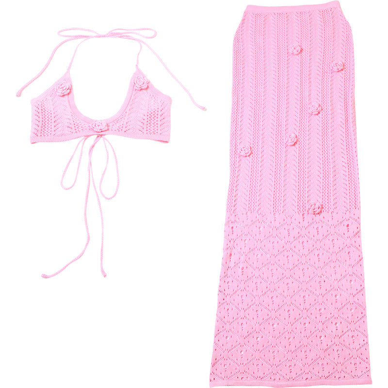 LADIES TWO PIECE BEACHWEAR & SKIRT SET PINK (SIZE S - L)