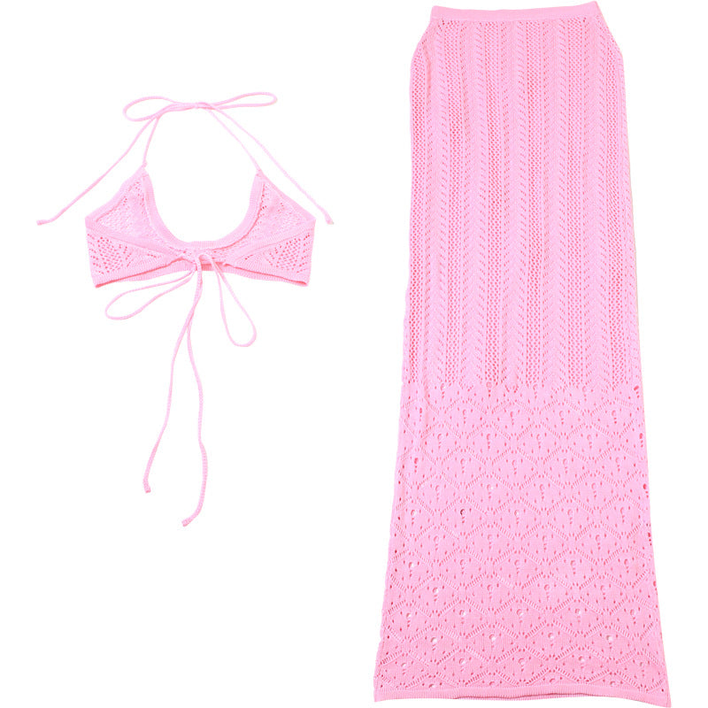 LADIES TWO PIECE BEACHWEAR & SKIRT SET PINK (SIZE S - L)