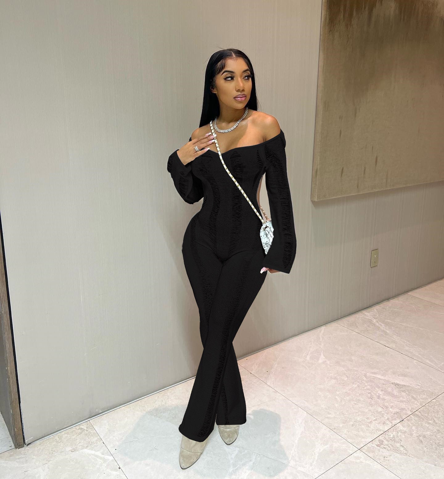 LADIES LONG SLEEVE JUMPSUIT BLACK / WHITE (SIZE XS - 2XL)